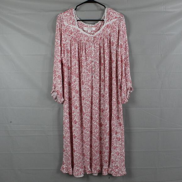 Eileen West Medium White Red Floral Lace Maxi Long Sleeve Nightgown Cottagecore - Picture 1 of 10